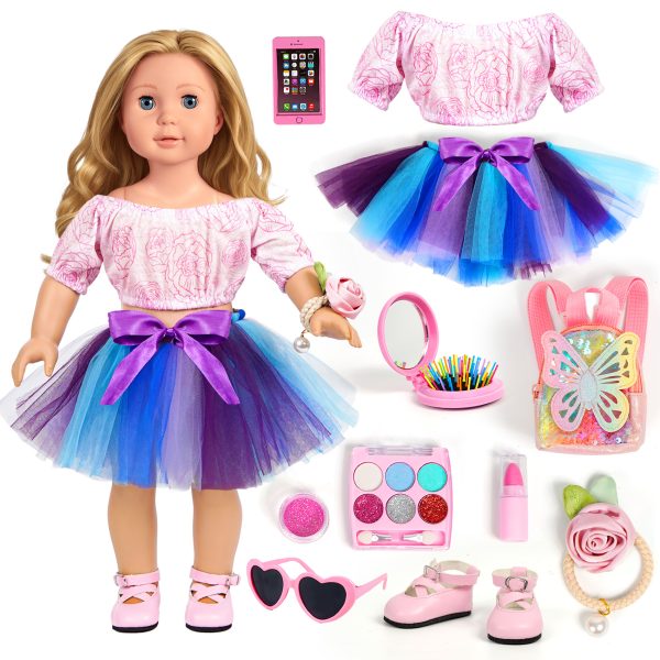 11 Pieces of US 45.72cm Doll Clothes and Accessories Makeup Set Including 45.72cm Doll Clothes Shoes Backpack Comb Hair Band Lipstick Sunglasses Mobile Phone Fit Doll (Doll Not Included)
